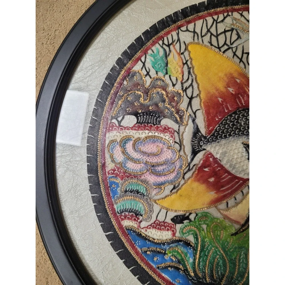 Framed Angelfish Textile Art Round Mixed Media Hand Painted‎ Embroidery 18inches